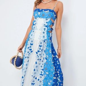 Farm Rio Flower Stripes Off White & Blue Midi Dress